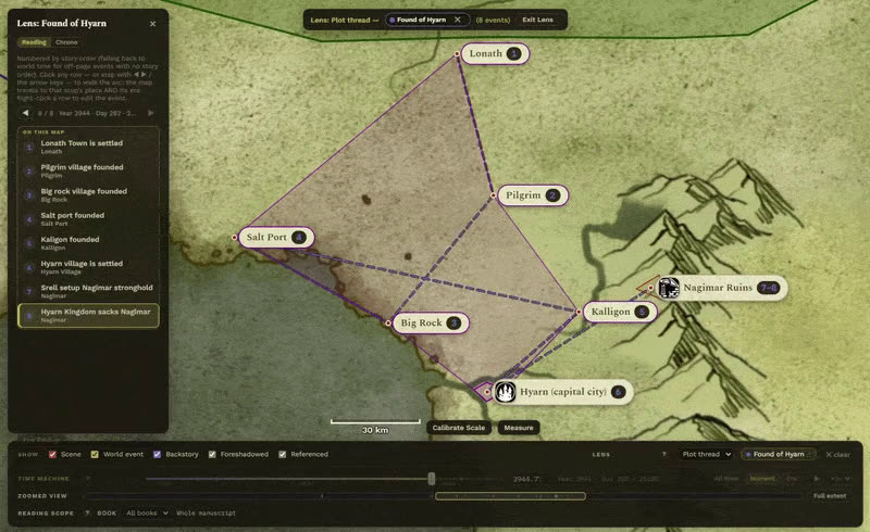 A hand-drawn fantasy map with numbered settlements and a highlighted kingdom territory, beside a panel listing the events that founded them.